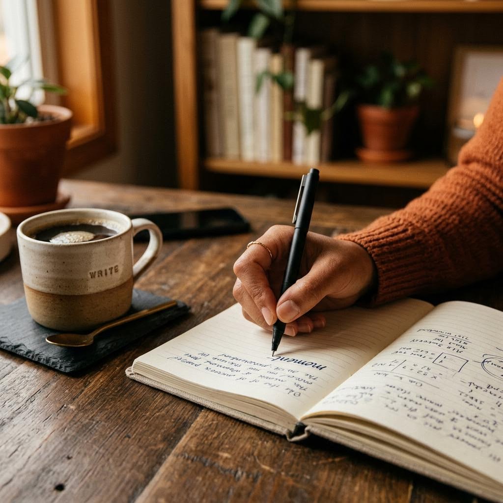 A notebook and phone resting together on a table