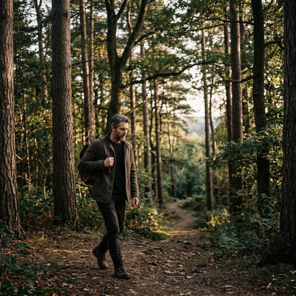 A person walking along a tree-lined path