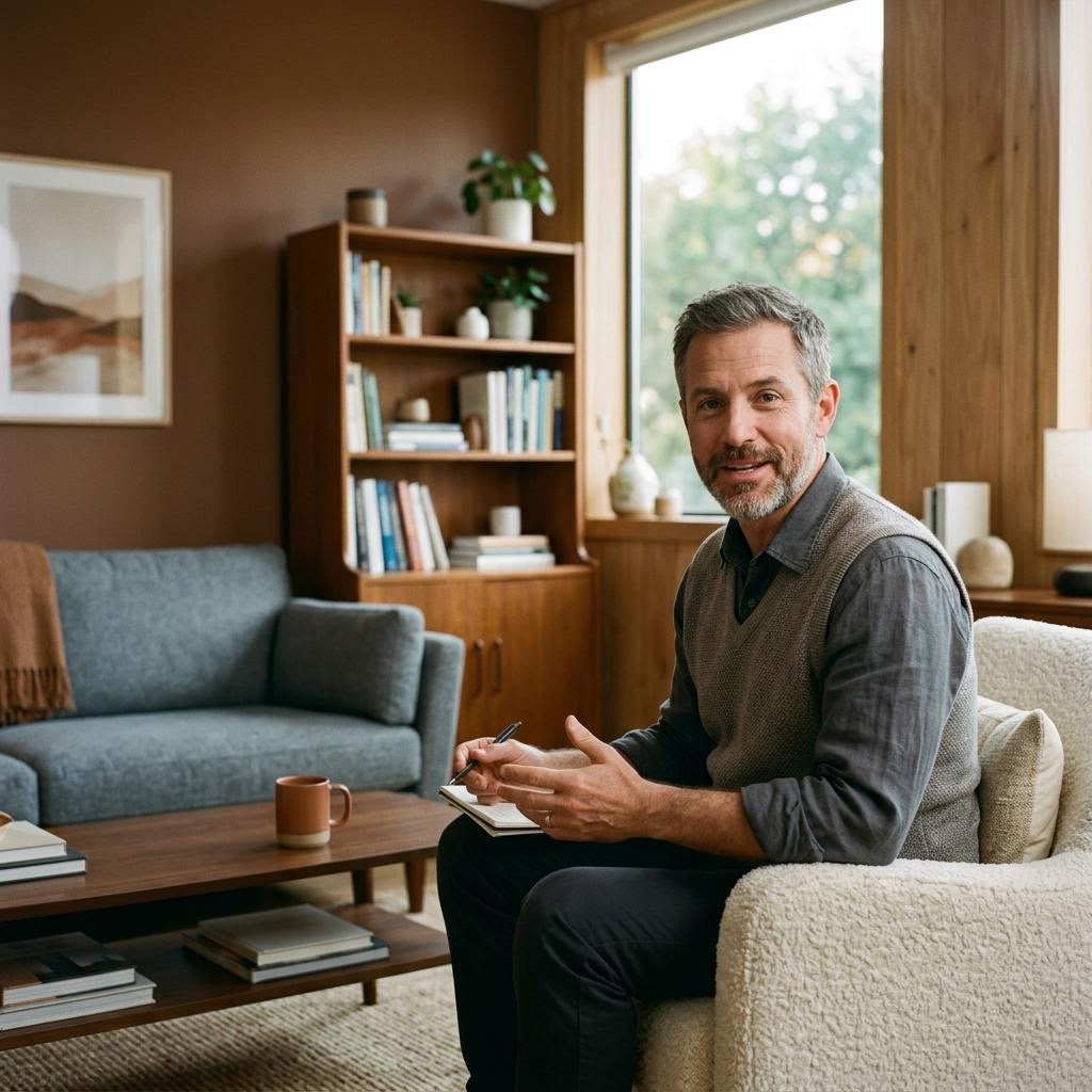 A person speaking thoughtfully in a warm, quiet setting